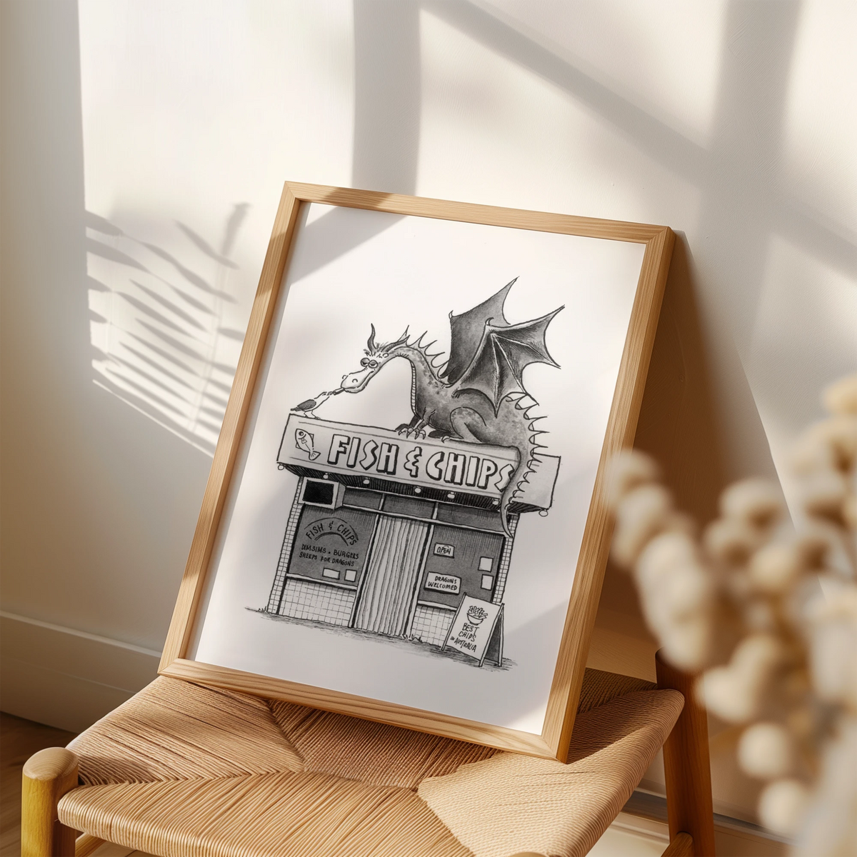 Dragon above a fish and chip shop