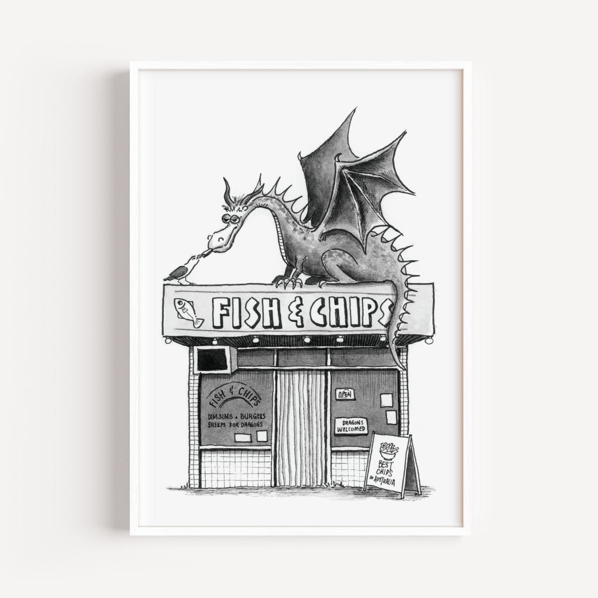 Dragon above a fish and chip shop