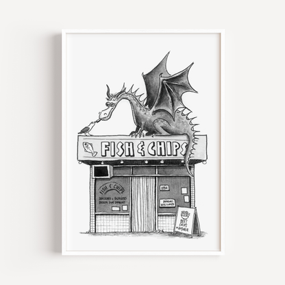 Dragon above a fish and chip shop