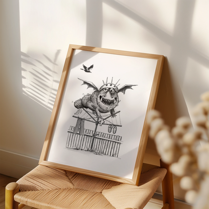 Framed black and white illustration of a dragon on a chair with sunlight casting shadows.