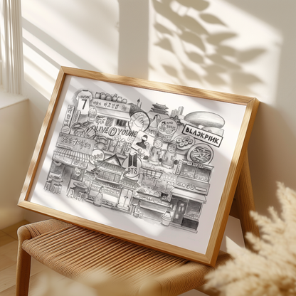 Framed black and white illustration on a stool with sunlight casting shadows. Black and white print of efverything representing South korea