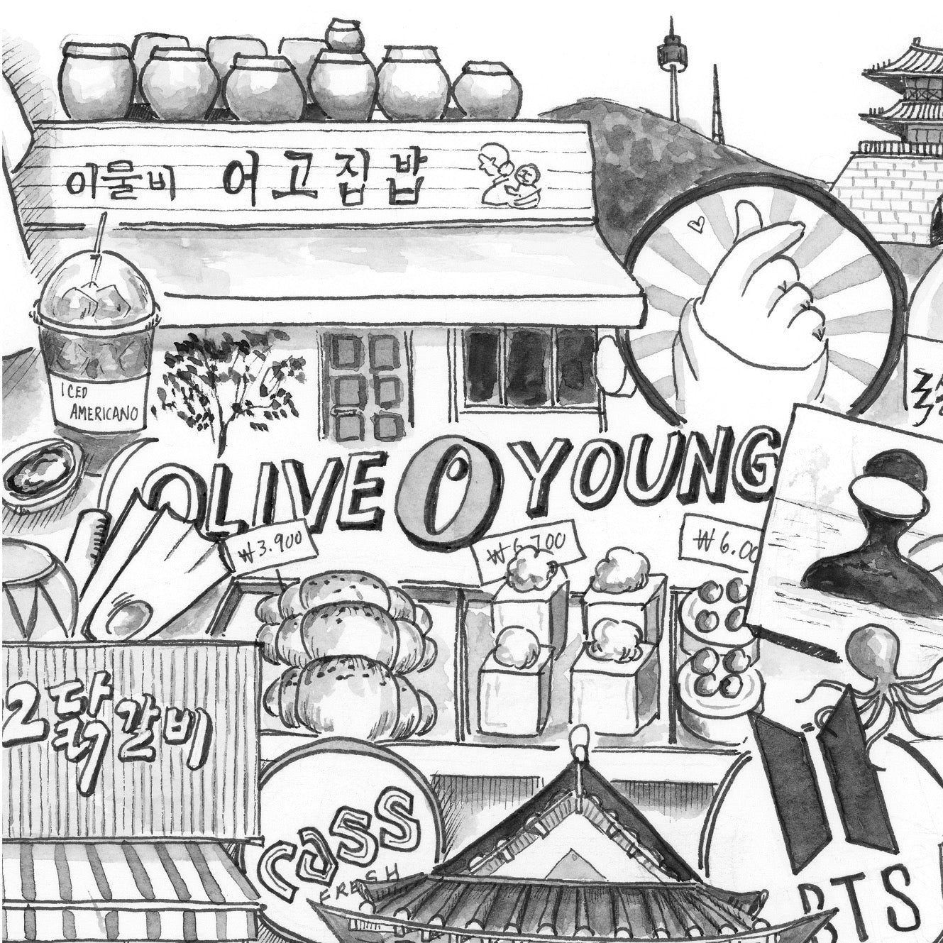 Illustration of a street food stall with various items and text, including 'OLIVE YOUNG'.