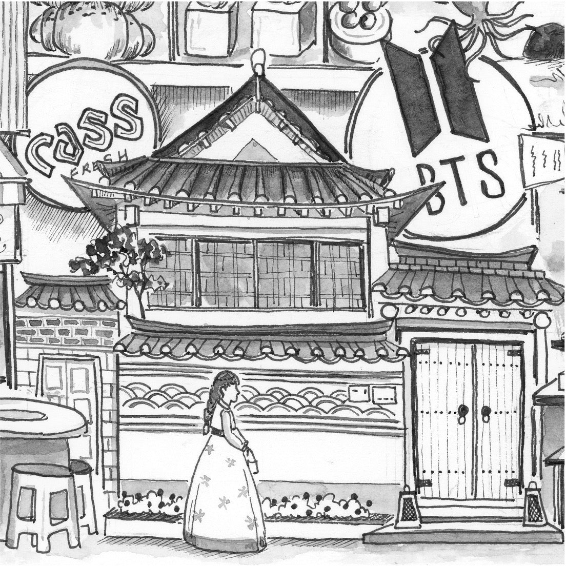 Illustration of a traditional building with a person in a dress standing in front, surrounded by BTS branded elements.