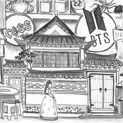 Illustration of a traditional building with a person in a dress standing in front, surrounded by BTS branded elements.
